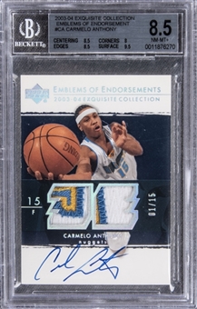 2003-04 UD "Exquisite Collection" Emblems of Endorsement #CA Carmelo Anthony Signed Game Used Patch Rookie Card (#01/15) – BGS NM-MT+ 8.5/BGS 10